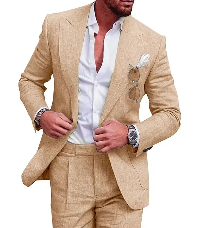 Verão Praia Negócios Linho Homens Ternos Tailor Made 2pcs Jaqueta Com Calças Formal Tuxedo Blazer Calças Desgaste Do Partido Roupas Do Homem