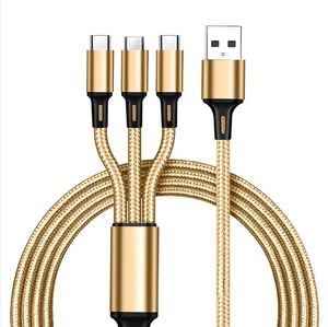 ถักหนึ่งลากสาม USB-A สำหรับแอปเปิ้ล Android ประเภท-c/ USB-C สายชาร์จเร็ว1.2เมตร3in1สีดำสีเงินสีแดงสีฟ้าสีทอง - Product Image 5