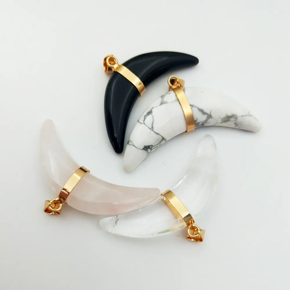 Gold Plated Jewelry Natural Stone Horn Shaped Pendant Clear Crystal Rose Quartz Howlite Black Obsidian Moon Charms for Necklace