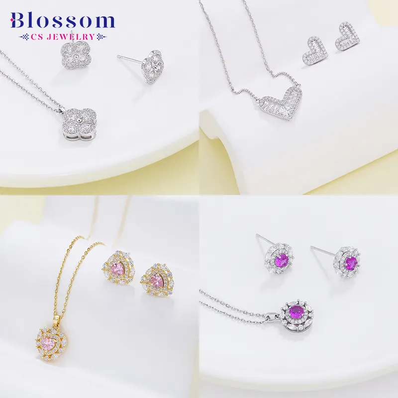 Blossom CS Jewelry Factory Supply Fine 925 Pendientes de plata Collar 2 piezas Zircon Jewelry Set Joyería simple para mujeres