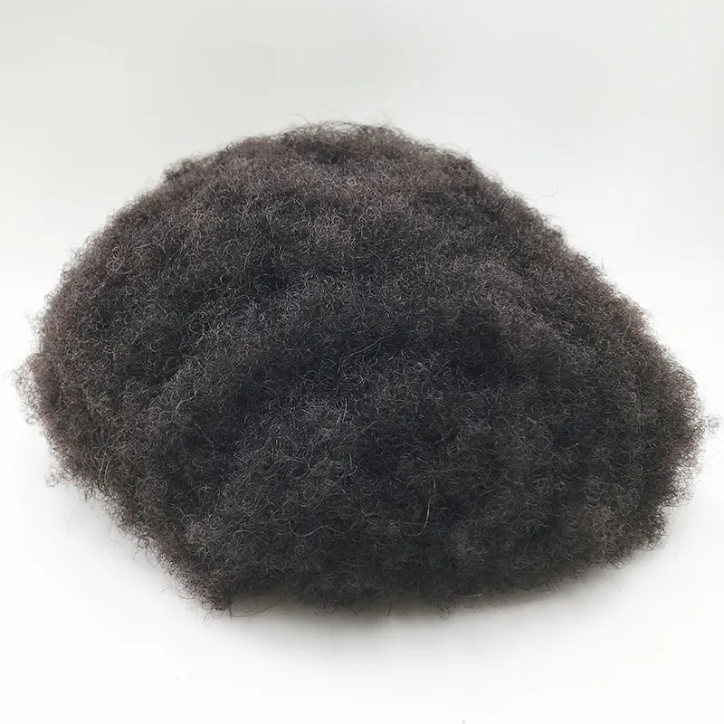 Peluca de cabello humano 100% brasileño para hombres, tupé negro Afro rizado, superfino suizo de seda de encaje, barato
