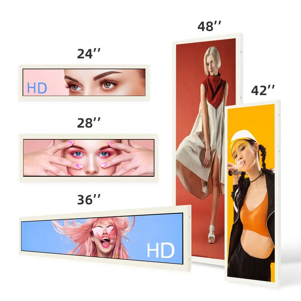 Tela de prateleiras para lojas de varejo, barra esticada de 60-120 cm, display LCD para quiosques de publicidade de supermercado, TV e sinalização digital
