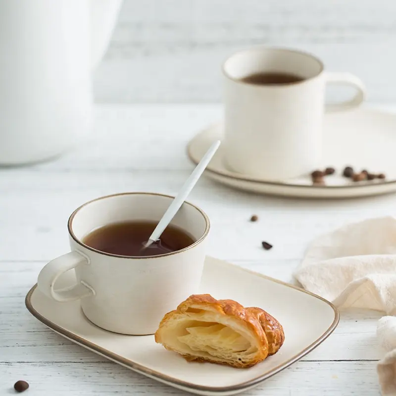 แก้วกาแฟเซรามิกแนวเรโทรแบบเรียบง่าย,ชุดจานจานรองสำหรับครอบครัวอาหารเช้าพร้อมที่ใส่ขนมปังคุกกี้บิสกิต
