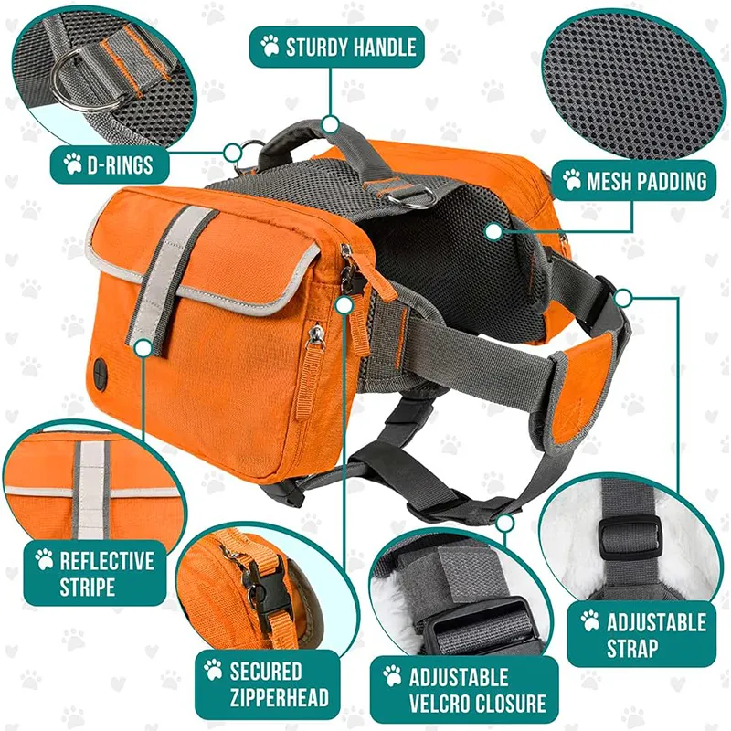 Mochila para perros Bolsa de sillín para perros Arnés con bolsillos laterales de seguridad reflectantes para senderismo Camping Viajes