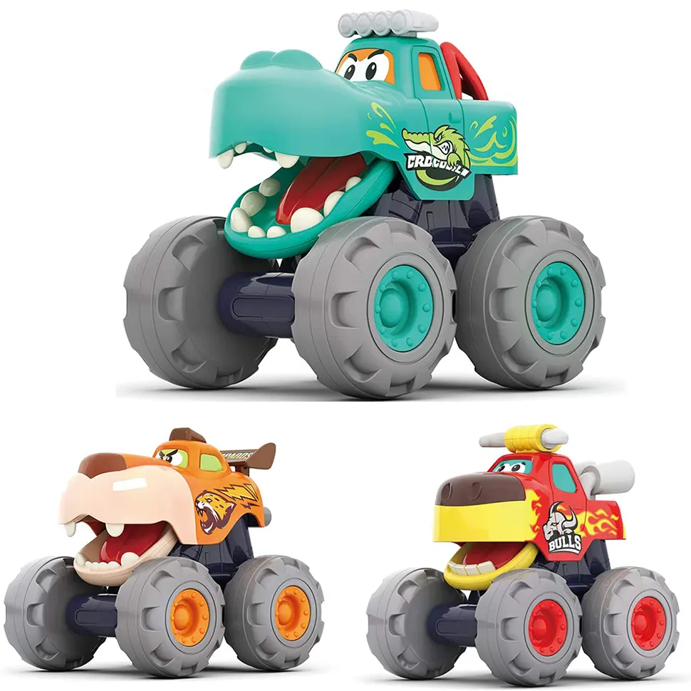 राक्षस ट्रक खिलौना 3pcs कार्टून घर्षण कार मगरमच्छ घर्षण संचालित बैल कार वापस खींच तेंदुए कार बड़ा पहिया ट्रक