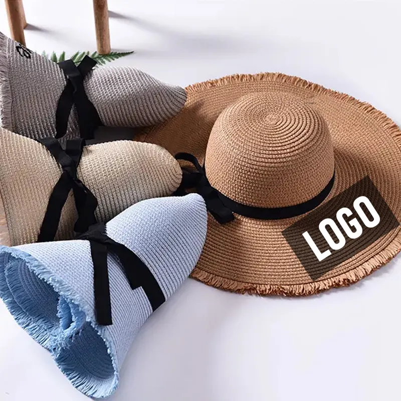 Chapeau d'été à large bord pour femme, brodée, personnalisé, en paille de papier, pour la plage, vente en gros,