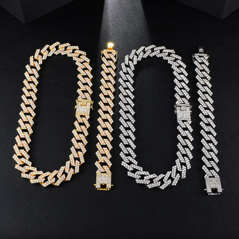 Hip hop 1 conjunto 20mm ouro pesado miami prong, cheio de strass cubano corrente cz rapper colares para homens jóias