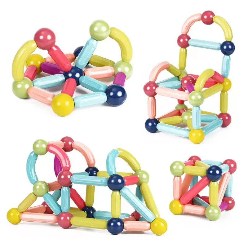 Mainan tongkat plastik koneksi DIY anak-anak batang pendidikan montesori 64 buah tongkat dan bola blok magnetik 3D untuk anak-anak