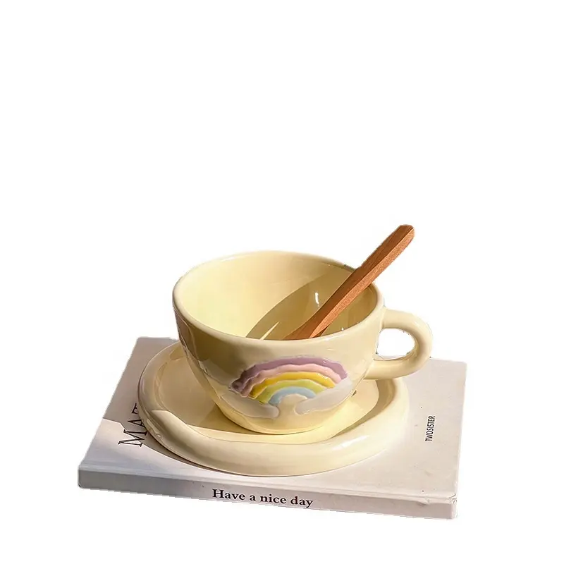 Madou 300 Ml Ins corea tazza da caffè e piattino in ceramica arcobaleno dipinto a mano irregolare tazza da caffè creativa