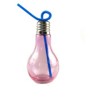 400ml500ml 800ml pink Blue Colored Custom Light Bulb <strong>Shape</strong> Yogurt Milk Tea <strong>Bubble</strong> Juice Glass <strong>Bottle</strong> with Lids and Straw - Product Image 2