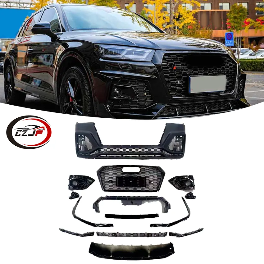 CZJF Geill Front Bumper Kit Black For Audi Q5 2018 2019 2020 Upgrade To RS Q5 Front Bumper Grille Lip Splitter Bumper Cover