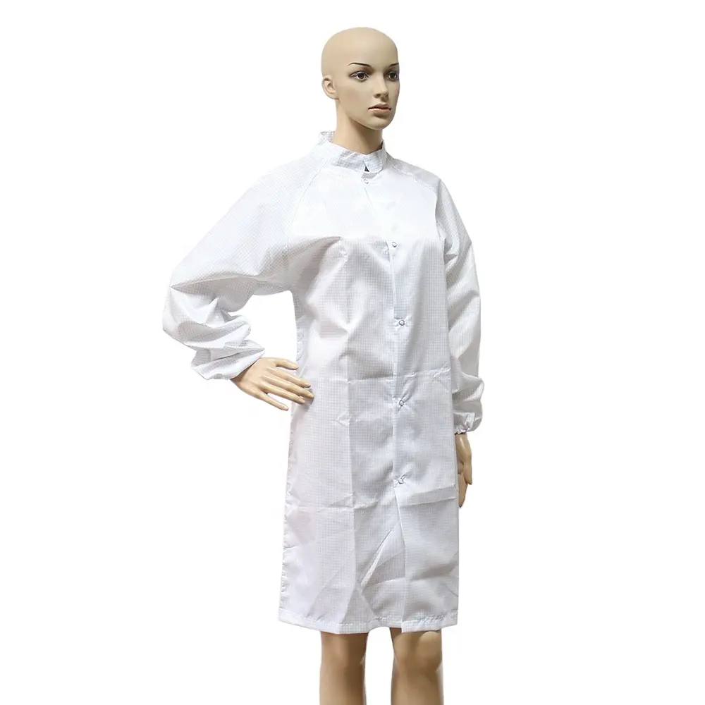 OEM 5mm Grid Polyester Cotton Conductive Fiber Labcoat ESD Safety Clothing Cleanroom Antistatic Coat Blue White ESD smock