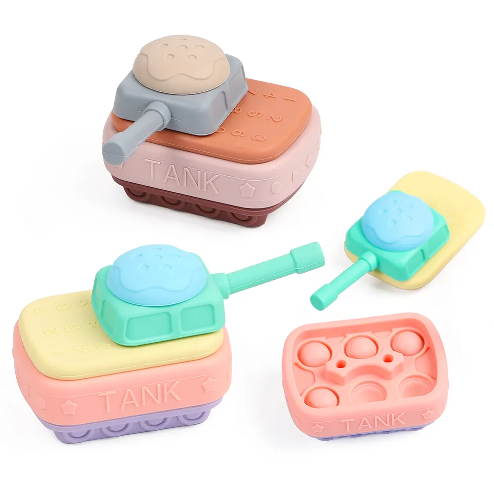 New Design Baby 3d Teether Soft Brinquedos Sensorial Silicone Educacional Building Blocks Toy Tank Shape Brinquedos De Borracha Para Criança