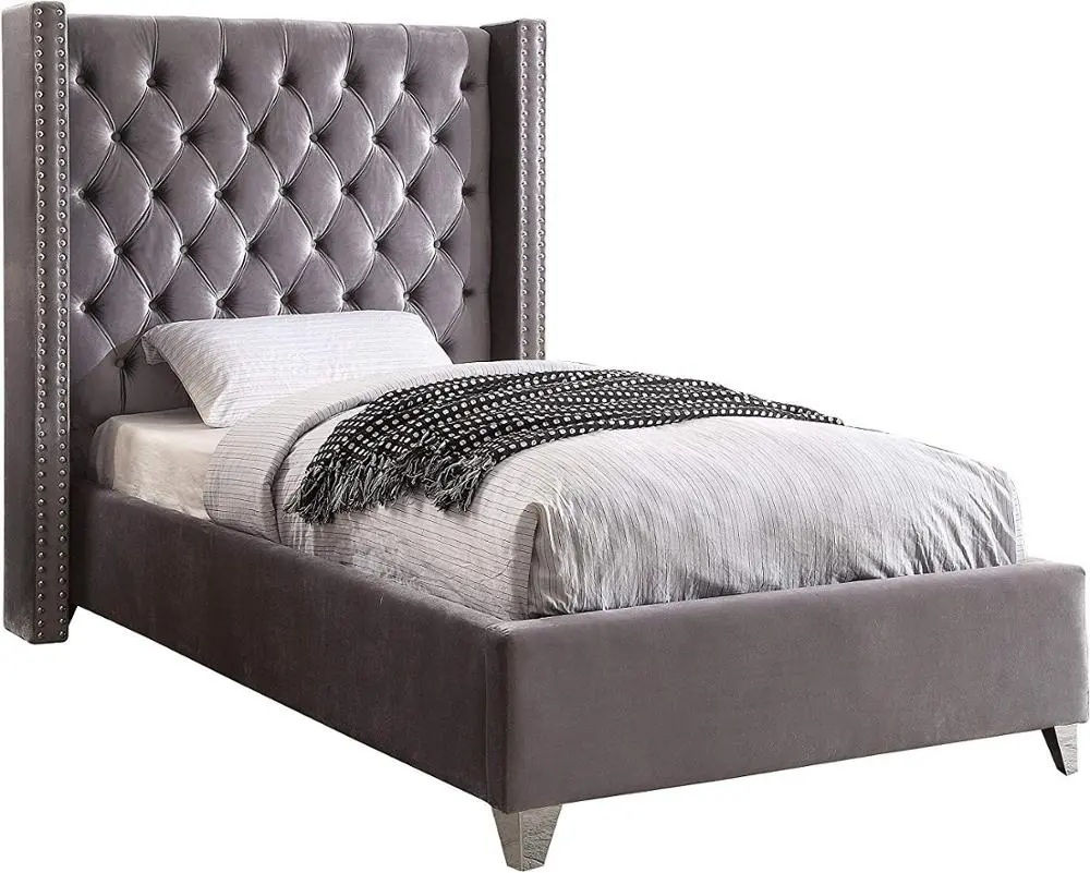 New Design Velvet Upholstered Queen Full Twin Size Wing Bed With Button