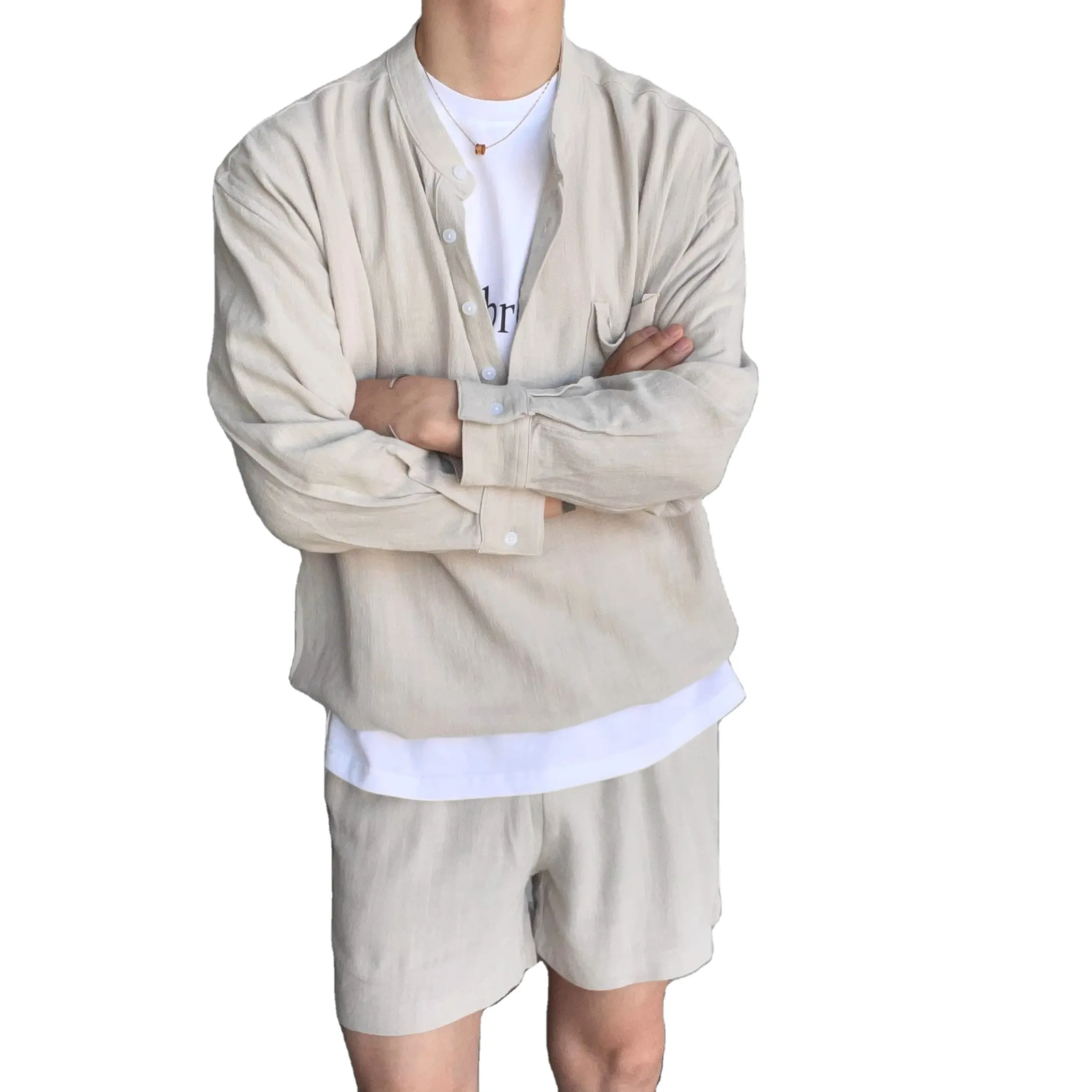 Set da uomo oversize su misura di cotone lino 2 pezzi camicia e pantaloni Set per uomo abiti Casual ampia tuta da uomo