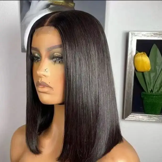 Pelucas de cabello humano brasileño para mujeres, pelo corto con cierre de encaje Frontal Bob, color negro, el precio más barato, venta al por mayor