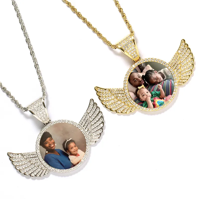 best selling diy iced out round photo picture frame pendant trays with angel wings charm necklace
