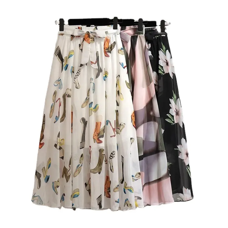 Y308034 rok motif bunga sifon, pakaian rok pantai pinggang tinggi elegan panjang Bohemian motif baru musim semi musim panas