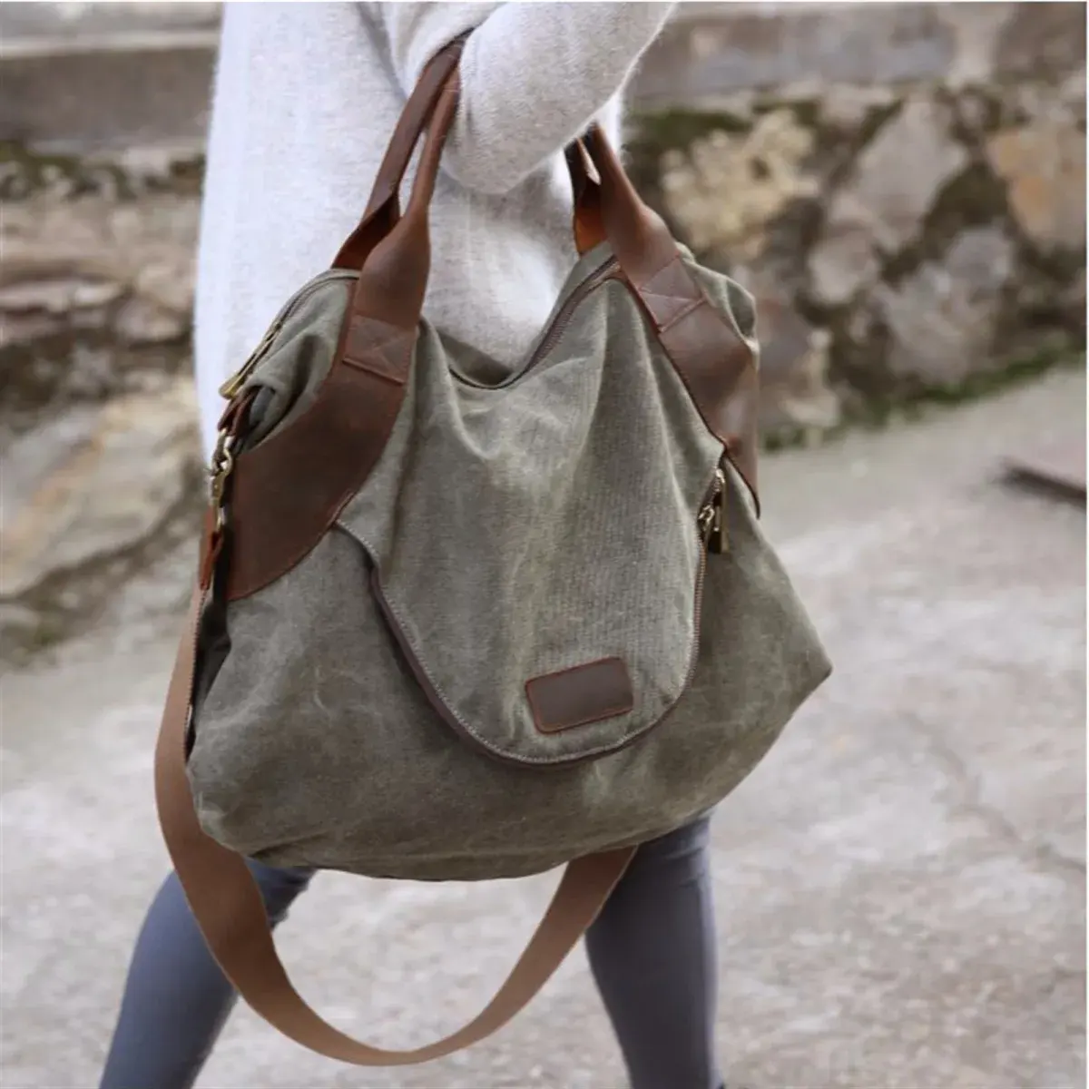 Ready To Ship Women Large Pocket Casual Tote Handbag Shoulder Hobo Bag Canvas Leather Capacity Bags Canvas Leather Bags