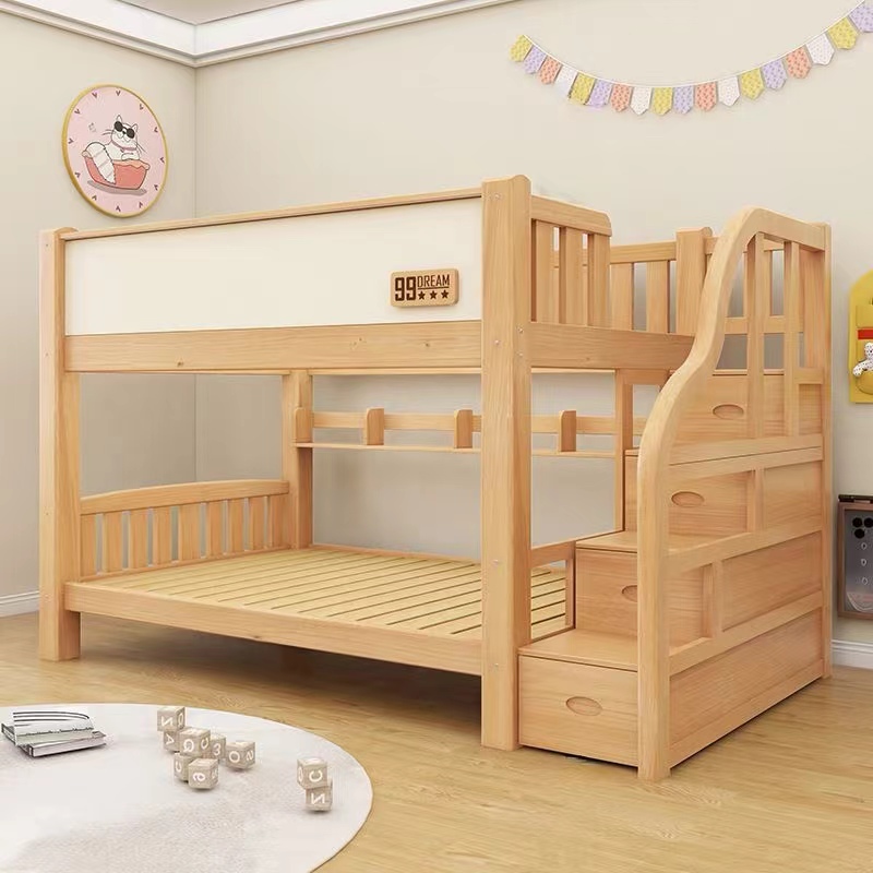 Cama de madera original + gabinete de escalera + estantería