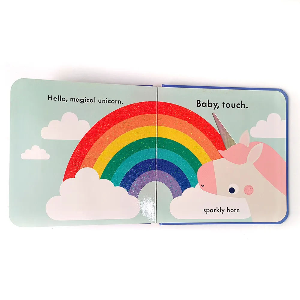 Buku anak-anak kustom cetak buku sentuh buku sampul keras cerita unicorn untuk anak-anak papan warna penuh hadiah terbaik untuk bayi
