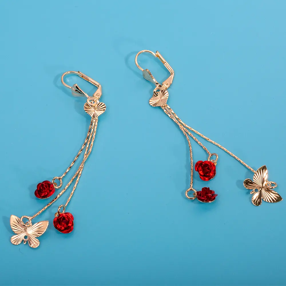 JML Wholesale Fine Jewelry Rose Butterfly Long Dangle 18K Gold Tassel Pendant Earrings For Women