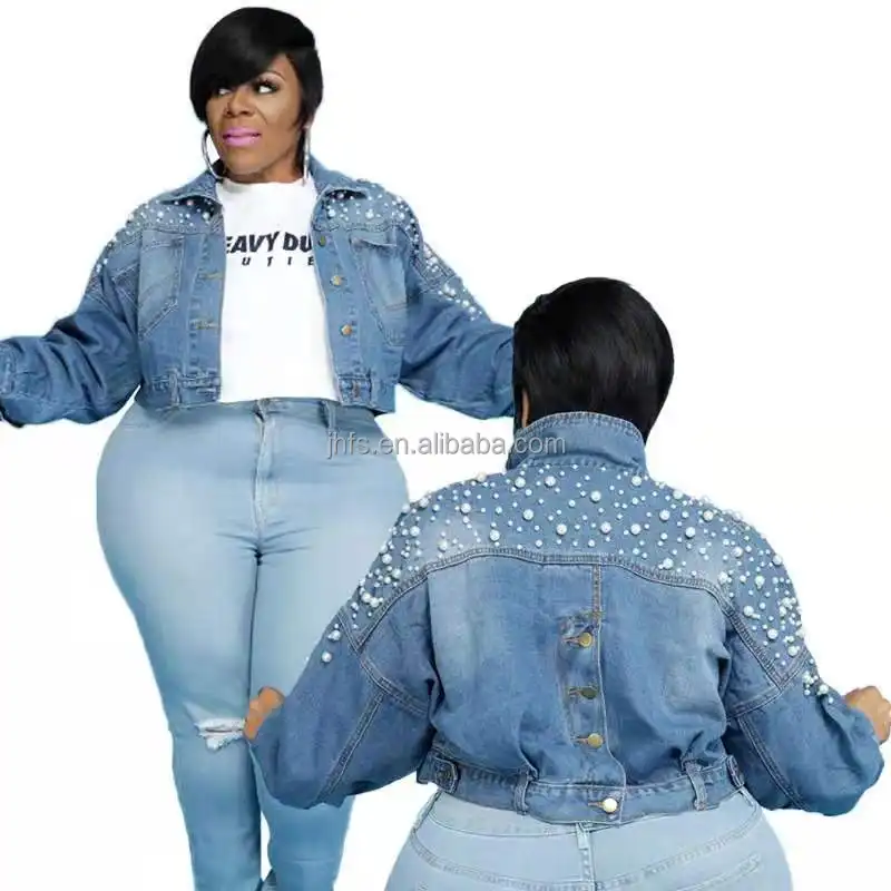 جاكت جينز مقاس كبير 5XL من J & H, جاكت جينز مقاس كبير للنساء بتصميم أنيق مزين باللؤلؤ ، جاكت من الدنيم باللون الأزرق طراز الشارع العالي طراز 2022 عصري