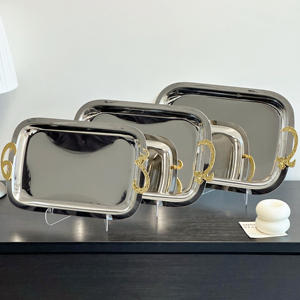 2025 Bán hàng nóng ánh sáng sang trọng bạc nghệ thuật khay kim loại thép không gỉ thực phẩm phục vụ khay thiết lập với xử lý Vàng - Product Image 3