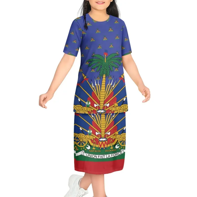 夏のポリネシアの部族の家半袖ストレートドレスカスタムハイチ国旗ソフトスクールガールズドレス軽量キッズ服