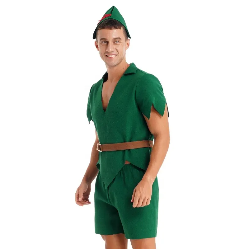 Disfraz de elfo para fiesta de Halloween, traje con cuello de pico, manga corta, camisetas de fieltro dentadas, pantalones cortos, sombrero con cinturón