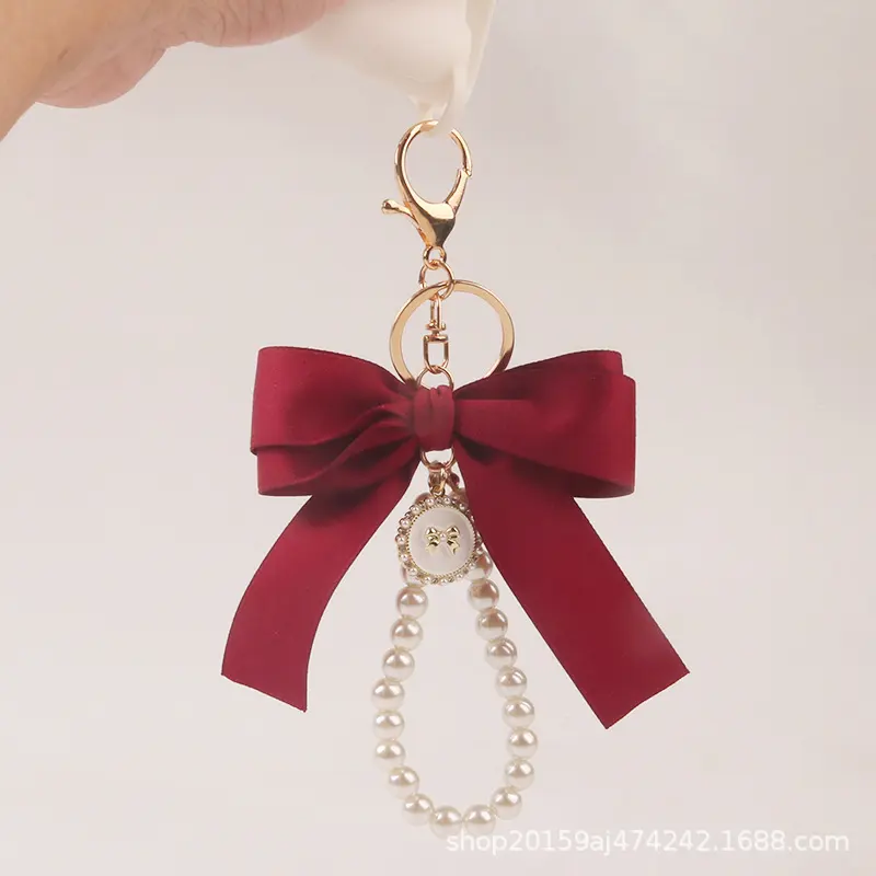Large bow pearl keychain pendant creative colorful webbing knot accessories headphone bag accessories