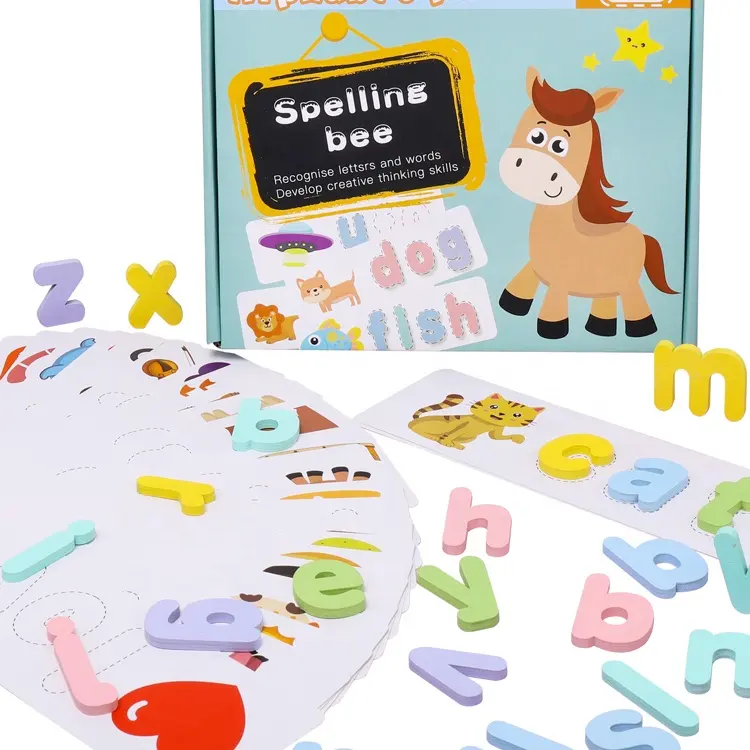 Juguetes Educativos de madera para aprendizaje temprano, rompecabezas de palabras en inglés, tarjeta de escritura, letras del alfabeto
