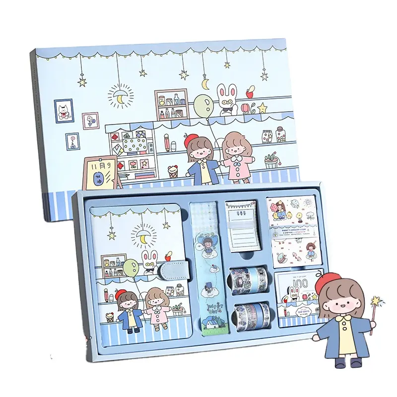Suministros escolares de Navidad Kawaii, caja de papelería que incluye bolígrafo, cuaderno, juego de regalo para niños y niñas