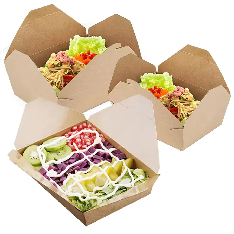 Contenedores de papel Kraft para llevar, cajas de comida para el almuerzo, almacenamiento desechable para llevar, embalaje para restaurante y catering