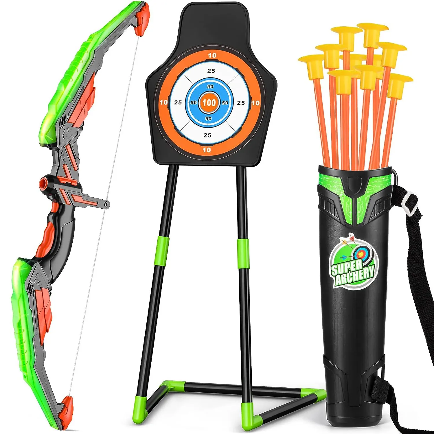 Toy Bow and Arrow Archery LED Light Up Girls Boys Toy Set For Kids with 10 Suction Cup Arrows and Target Indoor Outdoor Toys