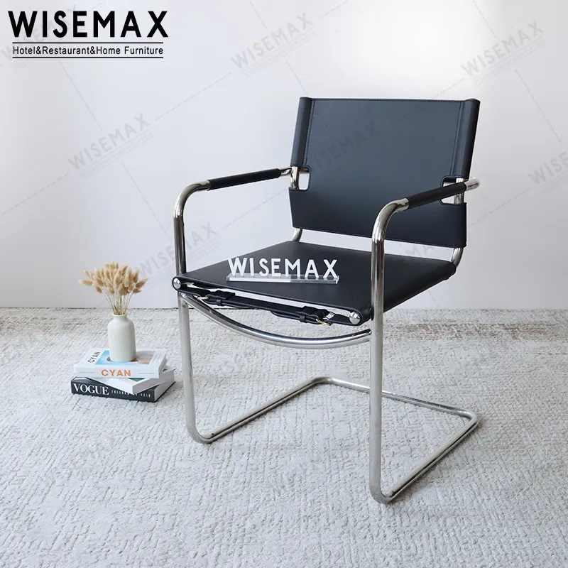 Wisemax mobília de meados do século vintage bauhaus cromo metal preto couro poltrona sala de estar sillon sela braço cadeira de jantar