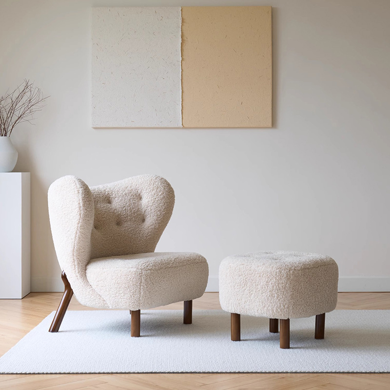 Canapé simple en polaire Teddy blanc + repose-pieds en bois de frêne