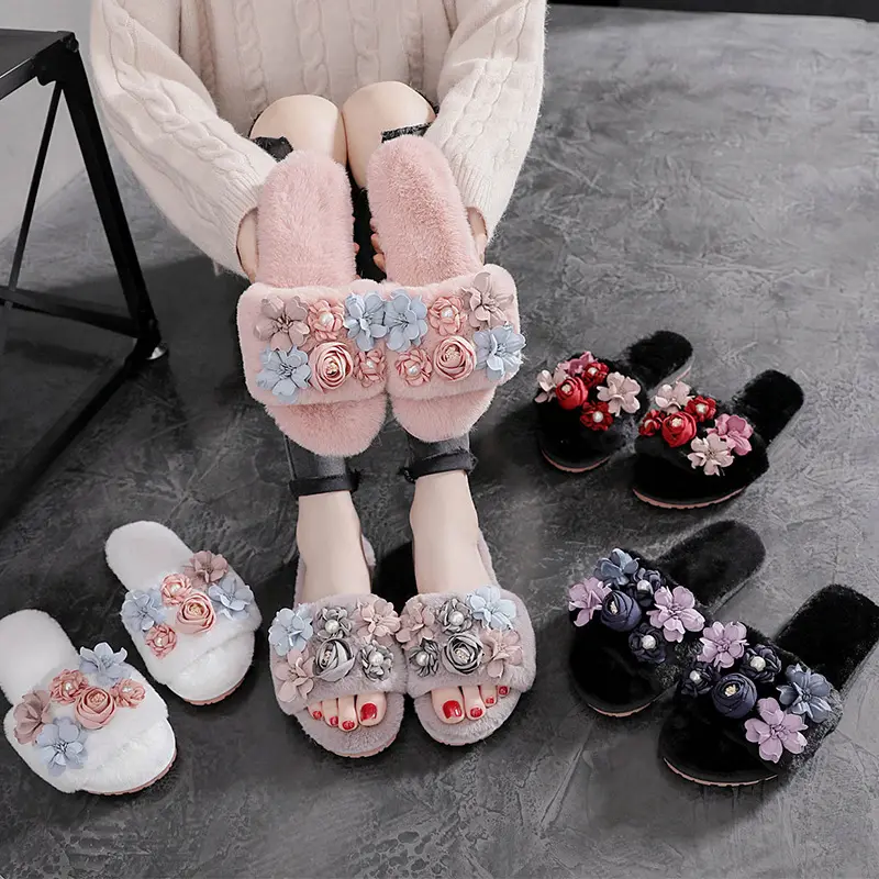 Chanclas planas con flores para mujer, zapatos de piel de conejo de imitación, suaves, con estampado Floral, informales, para el hogar