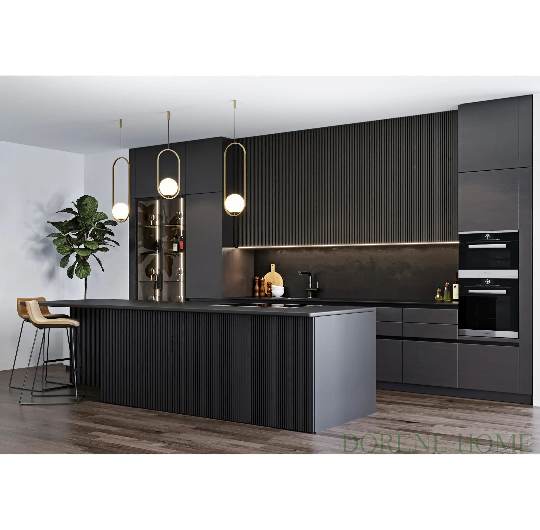 2023 Dorene Villa di lusso colore nero tedesco impiallacciatura di legno Design scanalato porta Design moderno mobili da cucina