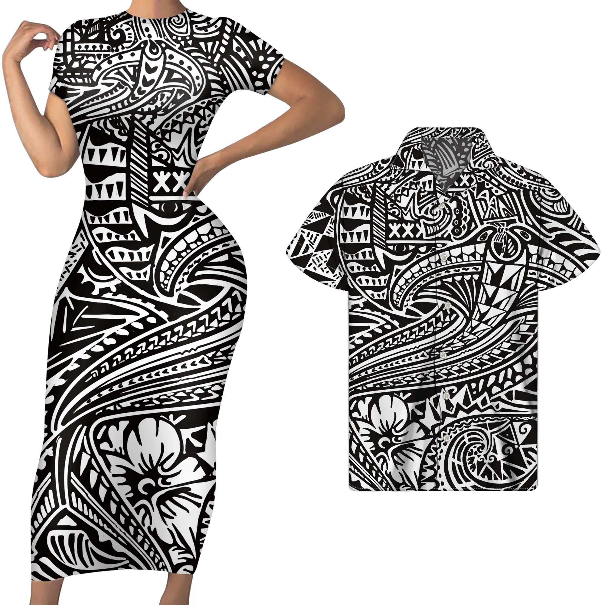 Vestidos negros de diseño Tribal polinesiano para hombre, sexys, Bodycon, buena calidad, largos y ceñidos al cuerpo, camisa, 2021