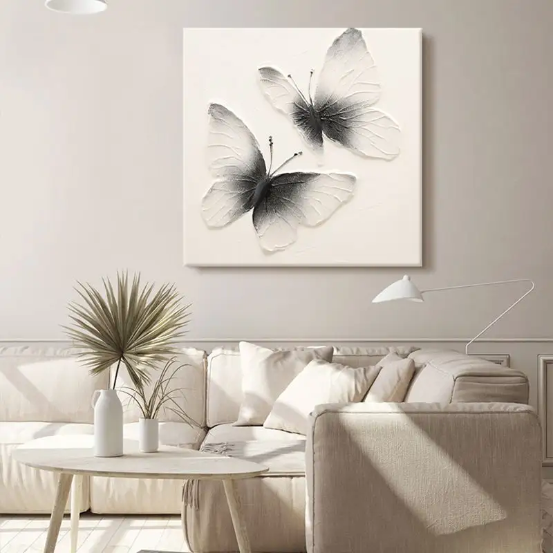 Venta caliente Hotel decoración de pared blanco y negro mariposa póster imágenes Mural texturizado pared arte 100% pintura al óleo pintada a mano