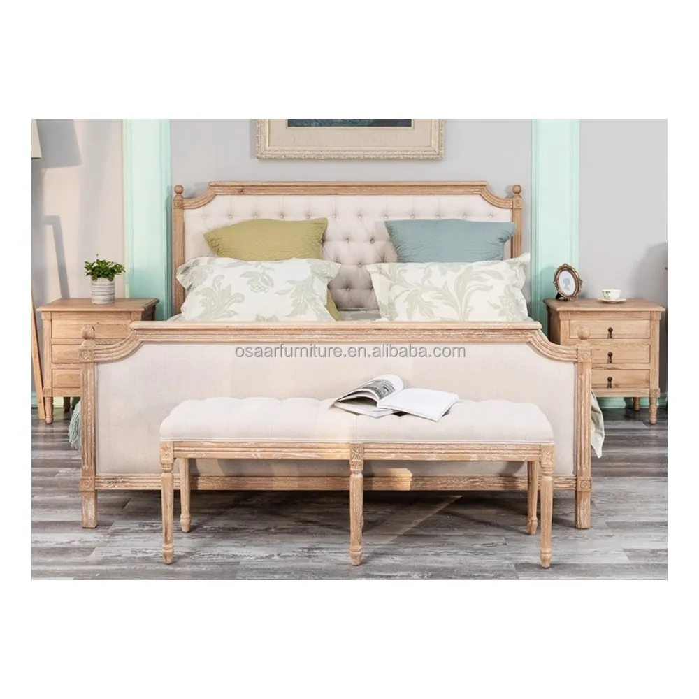Botón copetudo tallado a mano de madera maciza cama tamaño King juego de muebles de dormitorio francés clásico