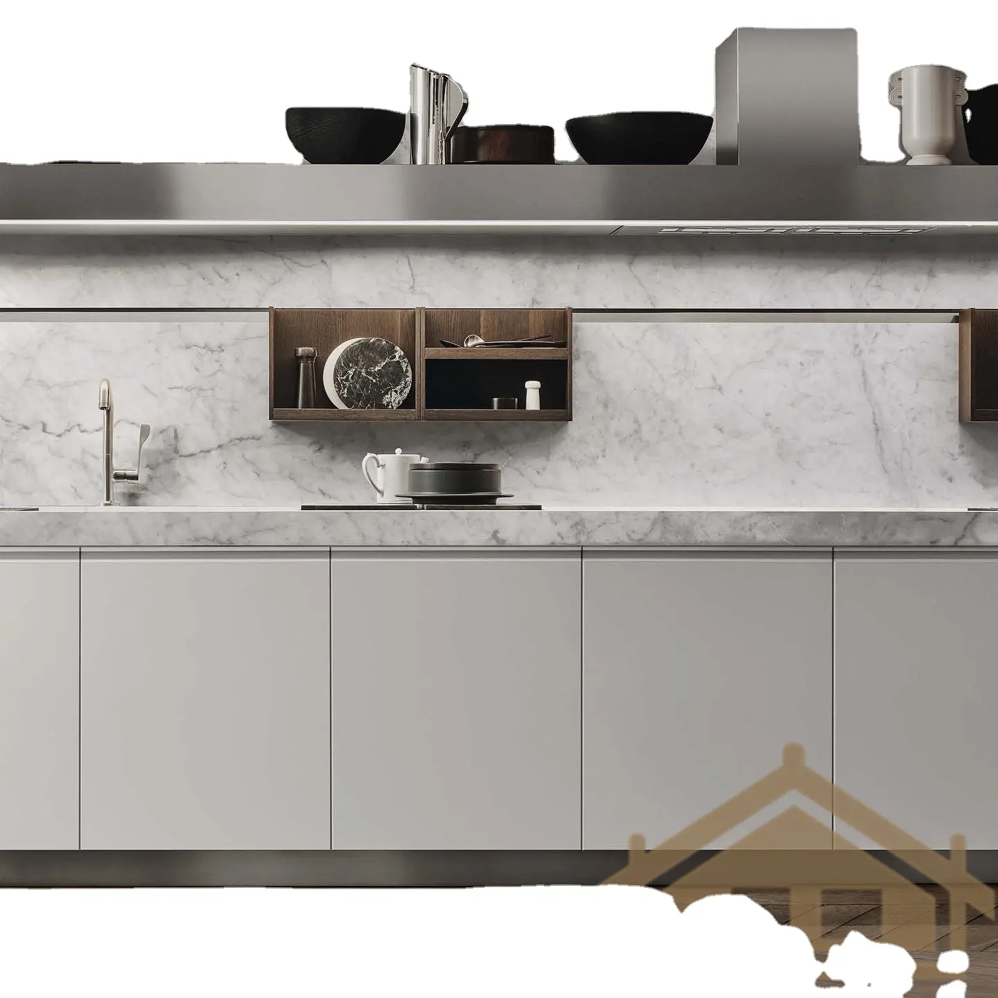 Hoàn thành tủ bếp hiện đại với tay cầm được thiết kế đặc biệt và phòng đựng thức ăn điện