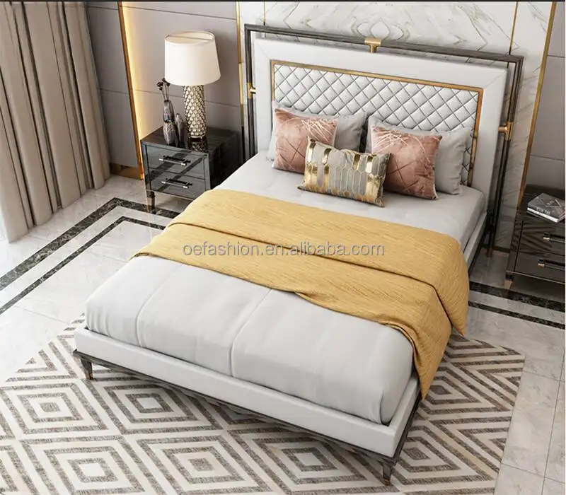 Cabecero de cama tapizado moderno en blanco, cama italiana de cuero suave, cama king de lujo de California