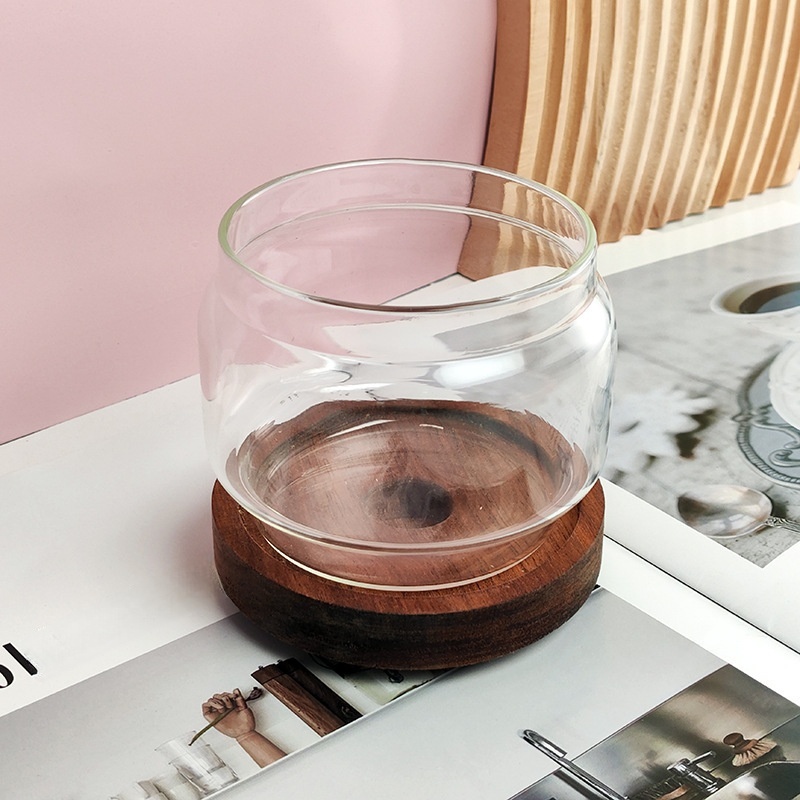 Acacia wood base with glass cup