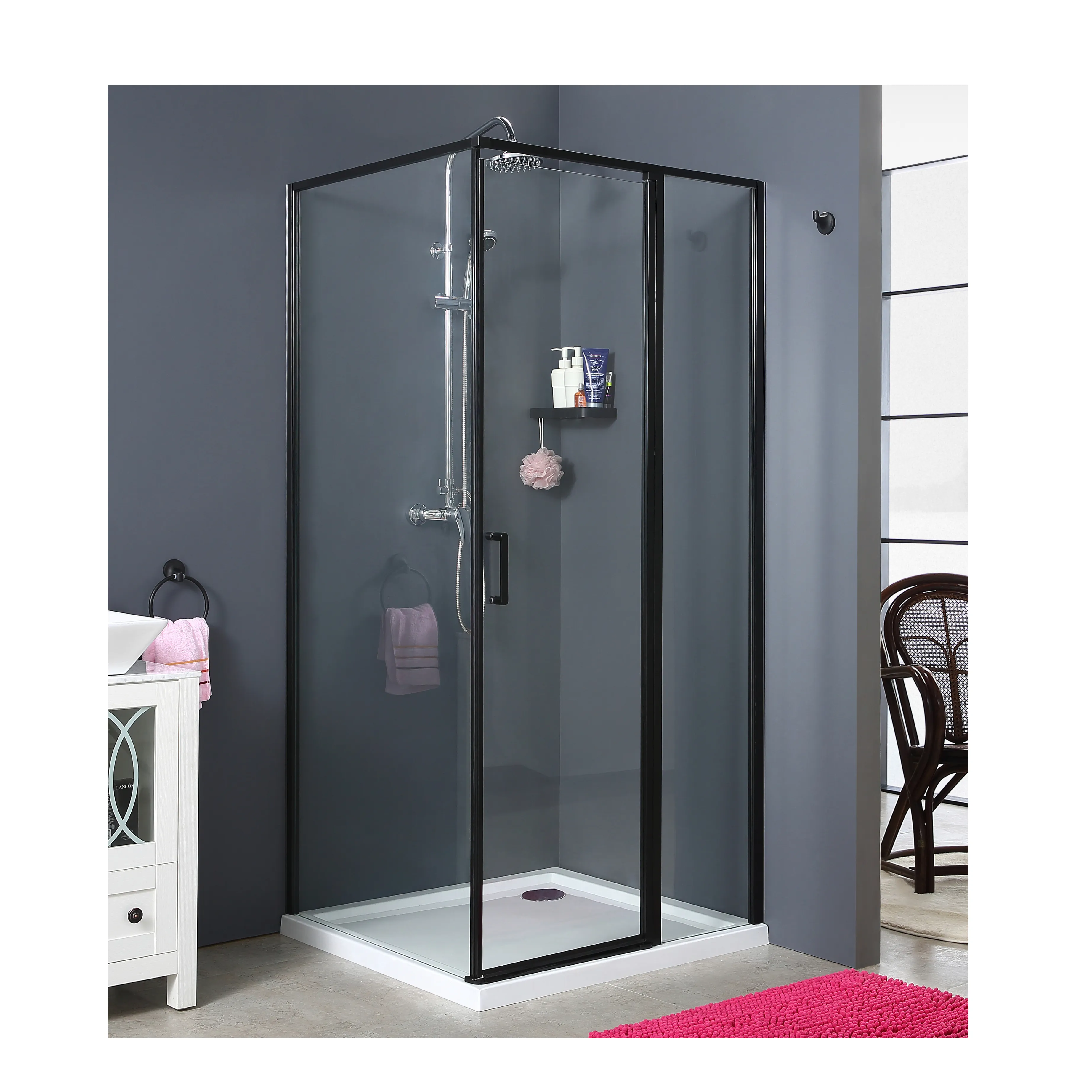 Porte pivotante à cadre noir avec compartiment de douche, appareil de douche en verre trempé transparent, 90x90x185cm