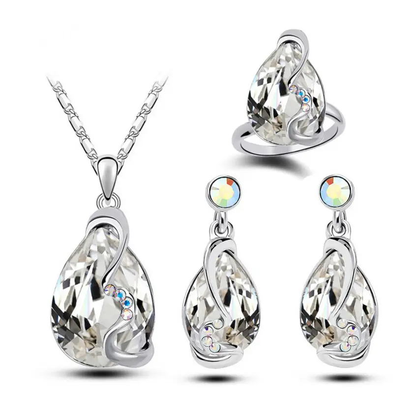 Moda Austrian Crystal Jewelry Set Casamento Sparkling Rhinestone Water Drop Forma Pendent Necklace Brincos Anel Set Para As Mulheres