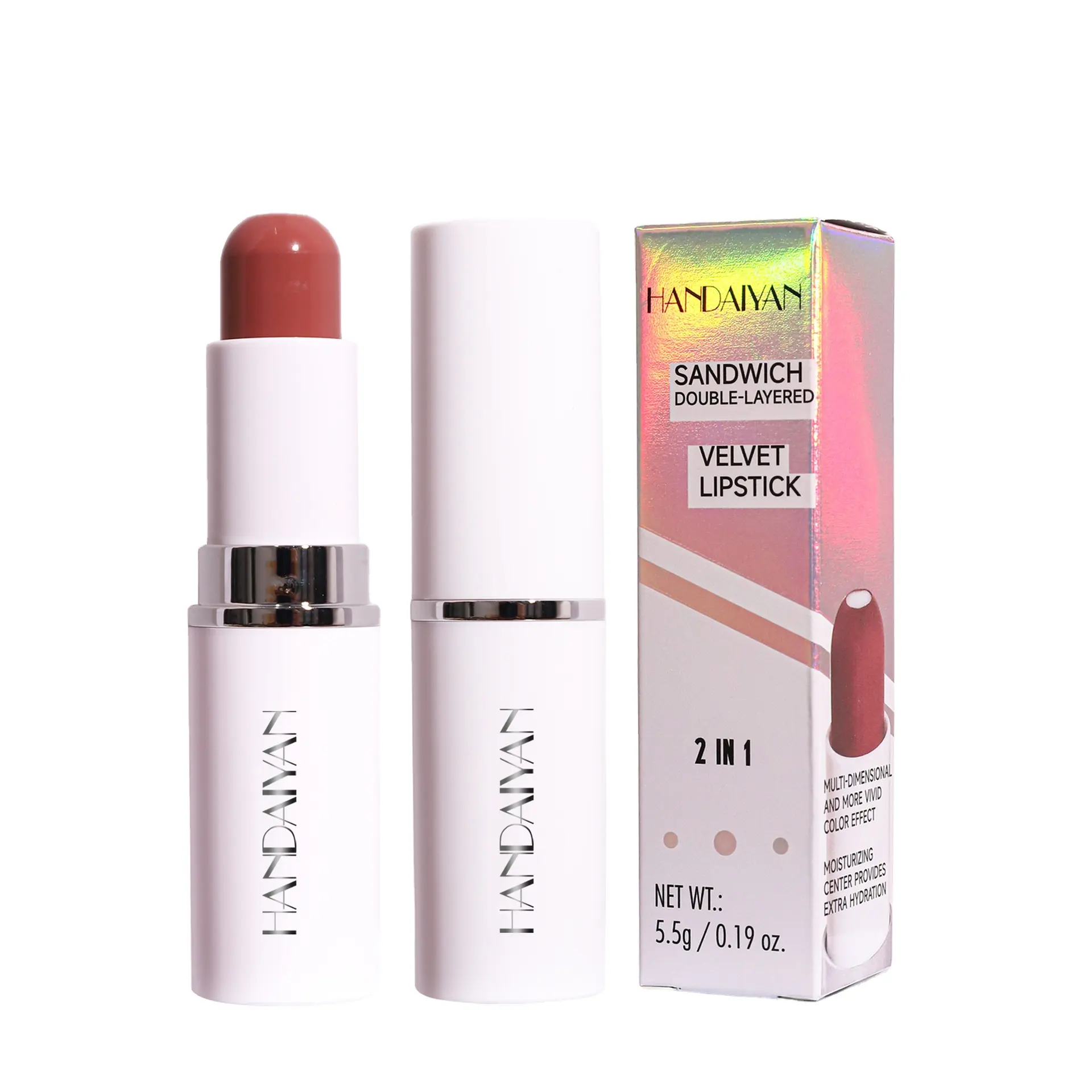 HANDAIYAN lipstik isi 2 dalam 1, pewarna bibir cakupan penuh dua lapis Vitamin E Core 2 dalam 1 beludru