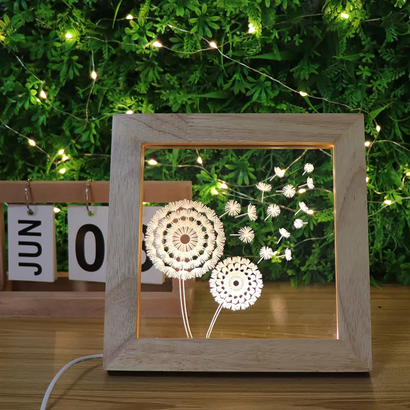 Lampe de chevet 3D en acrylique avec cadre carré en bois Led, vente en gros, idéale pour la chambre à coucher