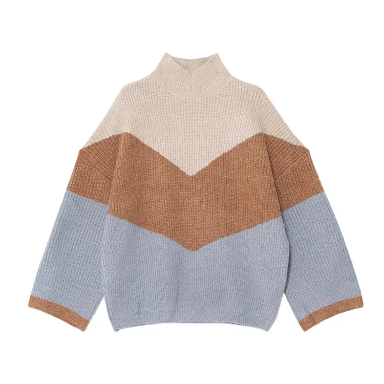 Suéter de mujer, suéter de invierno, nuevo estilo, suéter de punto informal, suéter de lana de cuello simulado de manga larga a rayas de bloque de Color para mujer